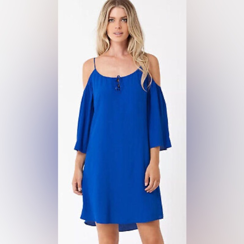 Hale Bob Cold Shoulder Dress Blue Flutter Sleeve Size Medium EUC